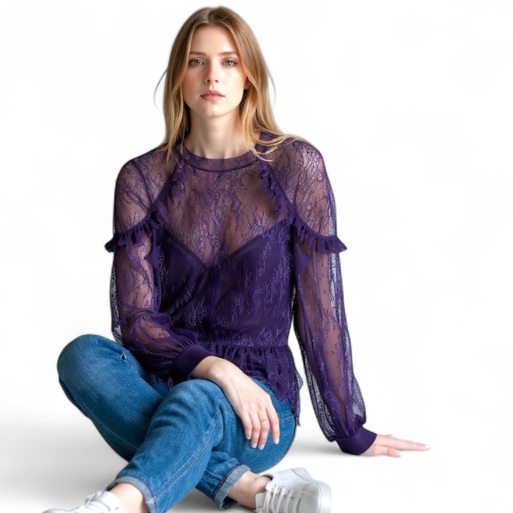 Bardot Purple Sheer Lace Peplum Blouse – Size M / US 8 - Picture 3 of 14